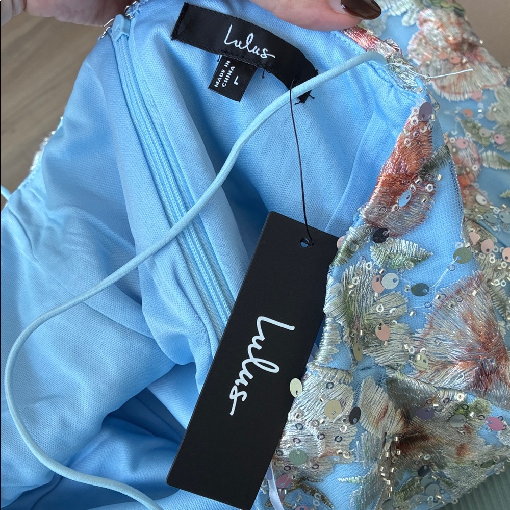 Lulus Davena Light Blue Embroidered Sequin Mini Dress - Size L - Picture 2 of 3